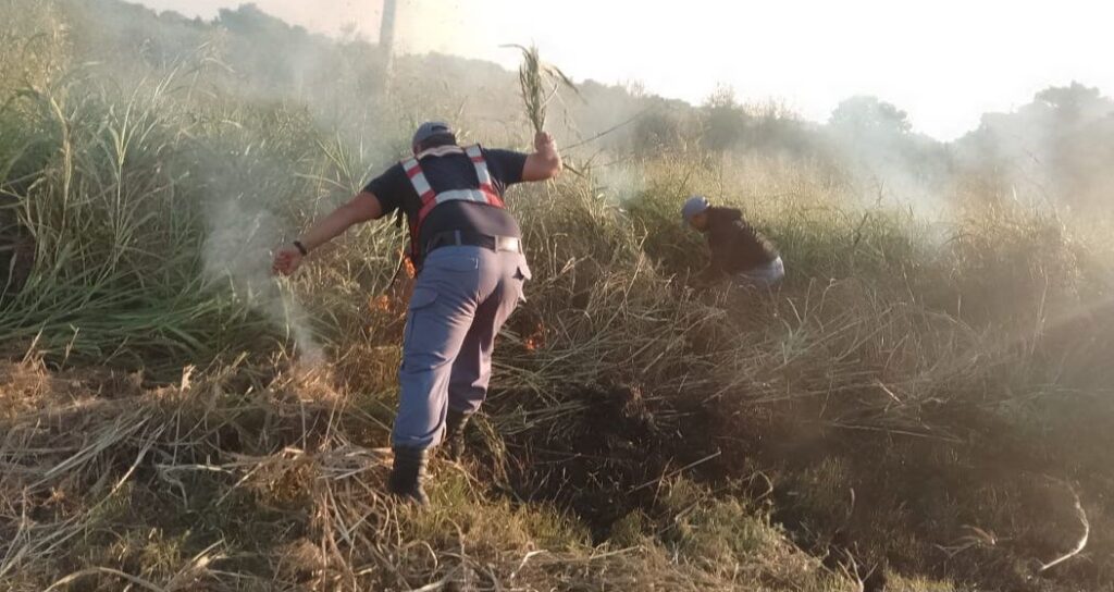 Incendio de pastizales en la Ruta Nacional 86: efectivos de la policía del puesto Lucero Cué evitan que las llamas lleguen a viviendas 3